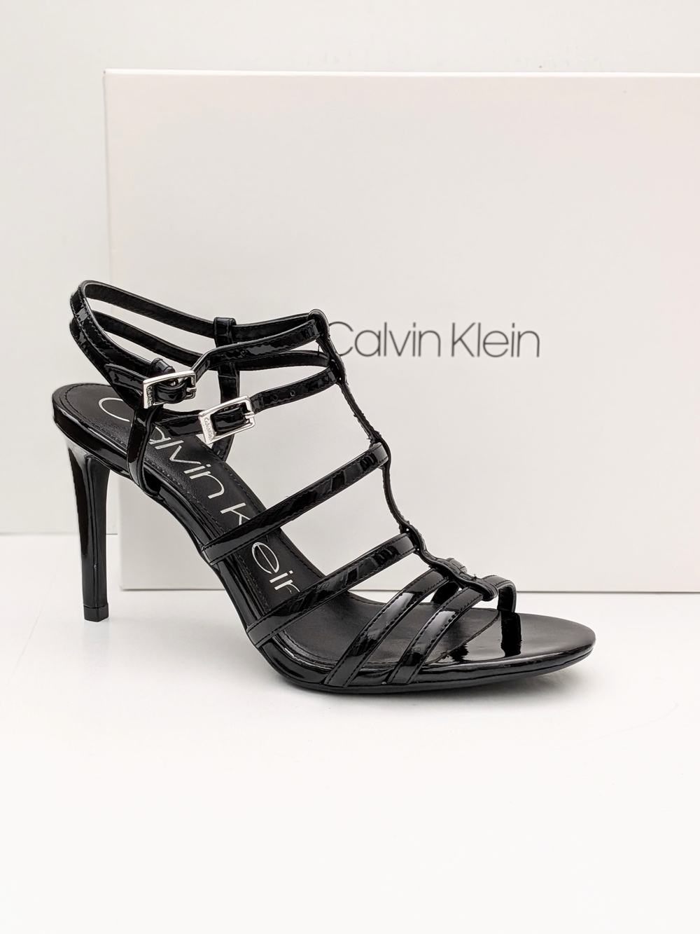 Calvin Klein Recina  Black Patent Strappy  High Heel Sandals